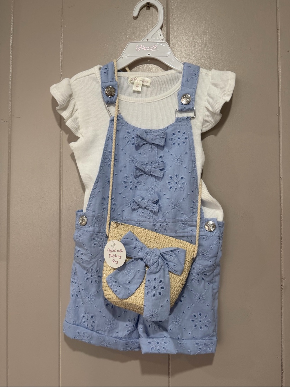 Nannette Light Blue Eyelet Shortall Set with Straw Crossbody